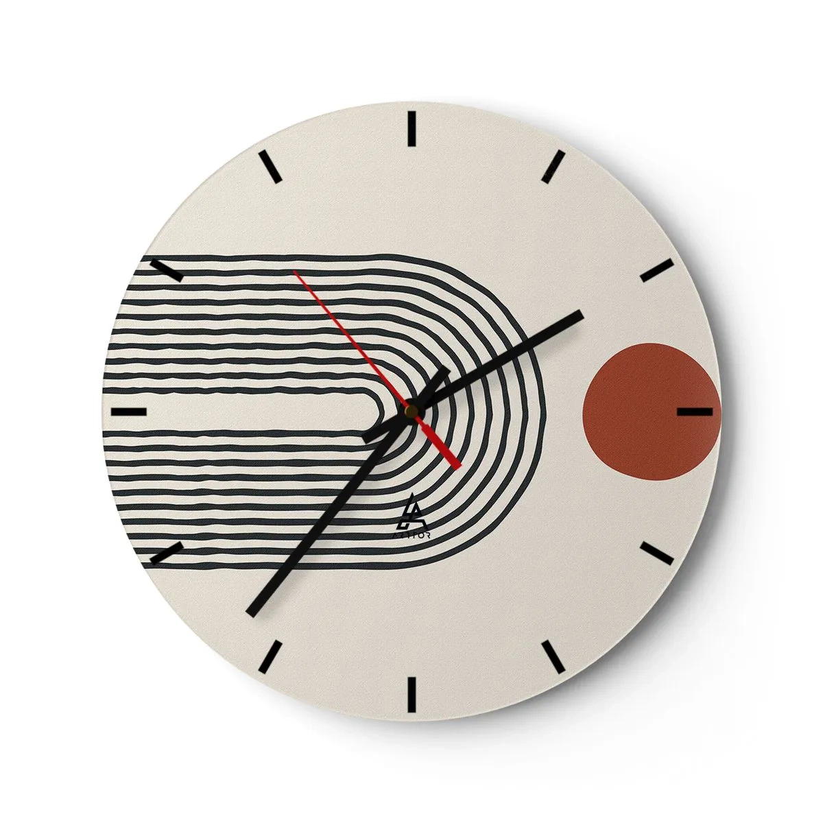 Nástenné hodiny - Geometrická abstrakcia s pruhmi a farebnými blokmi na svetlom pozadí - 30x30cm - Magnetizmus tvarov a farieb - Moderná nástenná dekorácia do obývacej izby, kuchyne a spálne ARTTOR