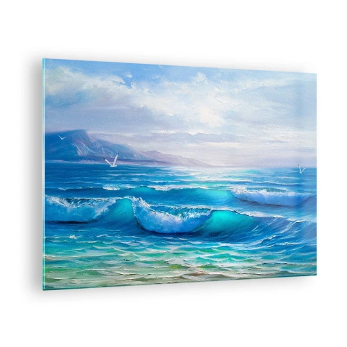 Obraz na skle - Modré morské vlny omývajúce pobrežie za slnečného dňa - 70x50cm - Prináša ukojenie - Moderná nástenná dekorácia do obývacej izby a spálne ARTTOR