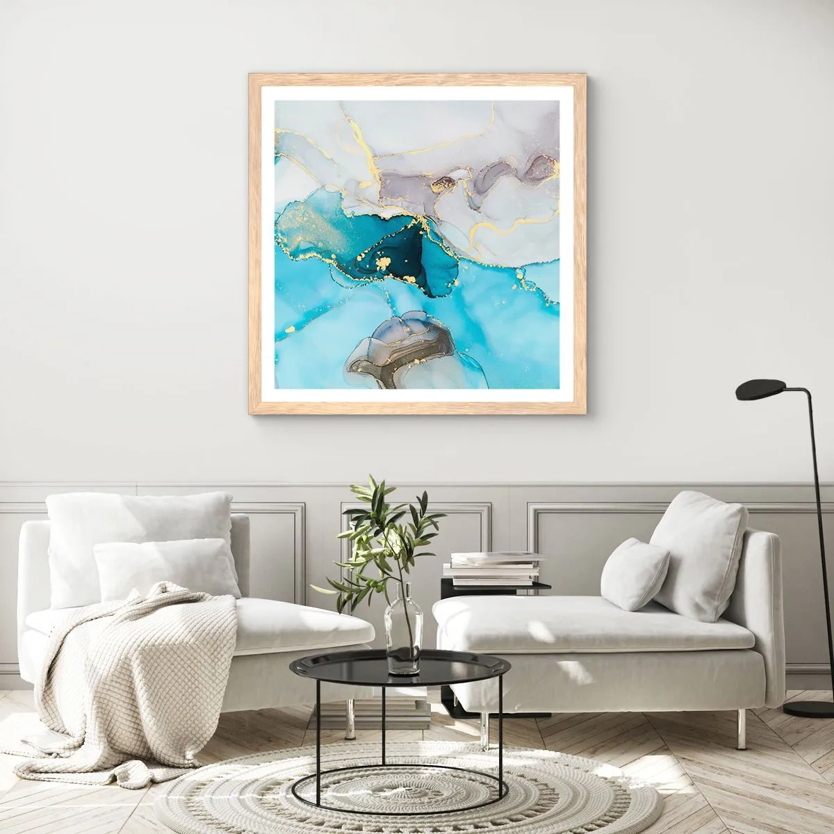 Plagát v ráme zo svetlého duba - Štúdia o stretnutí šedej a tyrkysovej - 60x60 cm