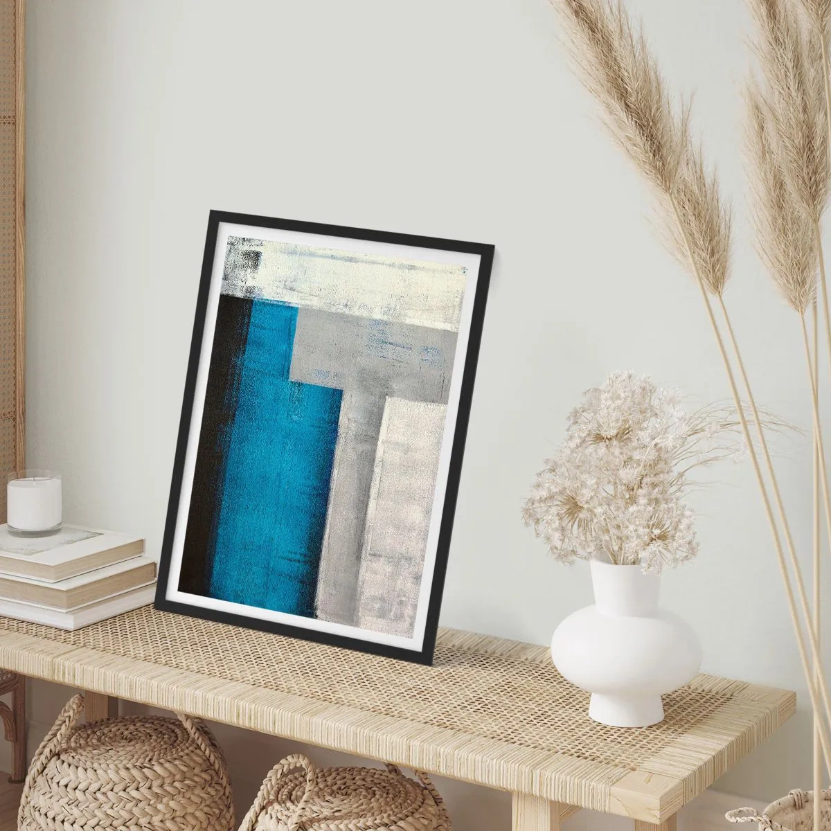 Plagát v čiernom ráme - Geometrická abstrakcia v odtieňoch modrej a sivej - 50x70cm - Poetická kompozícia šedej a modrej - Moderná nástenná dekorácia do obývacej izby a spálne ARTTOR