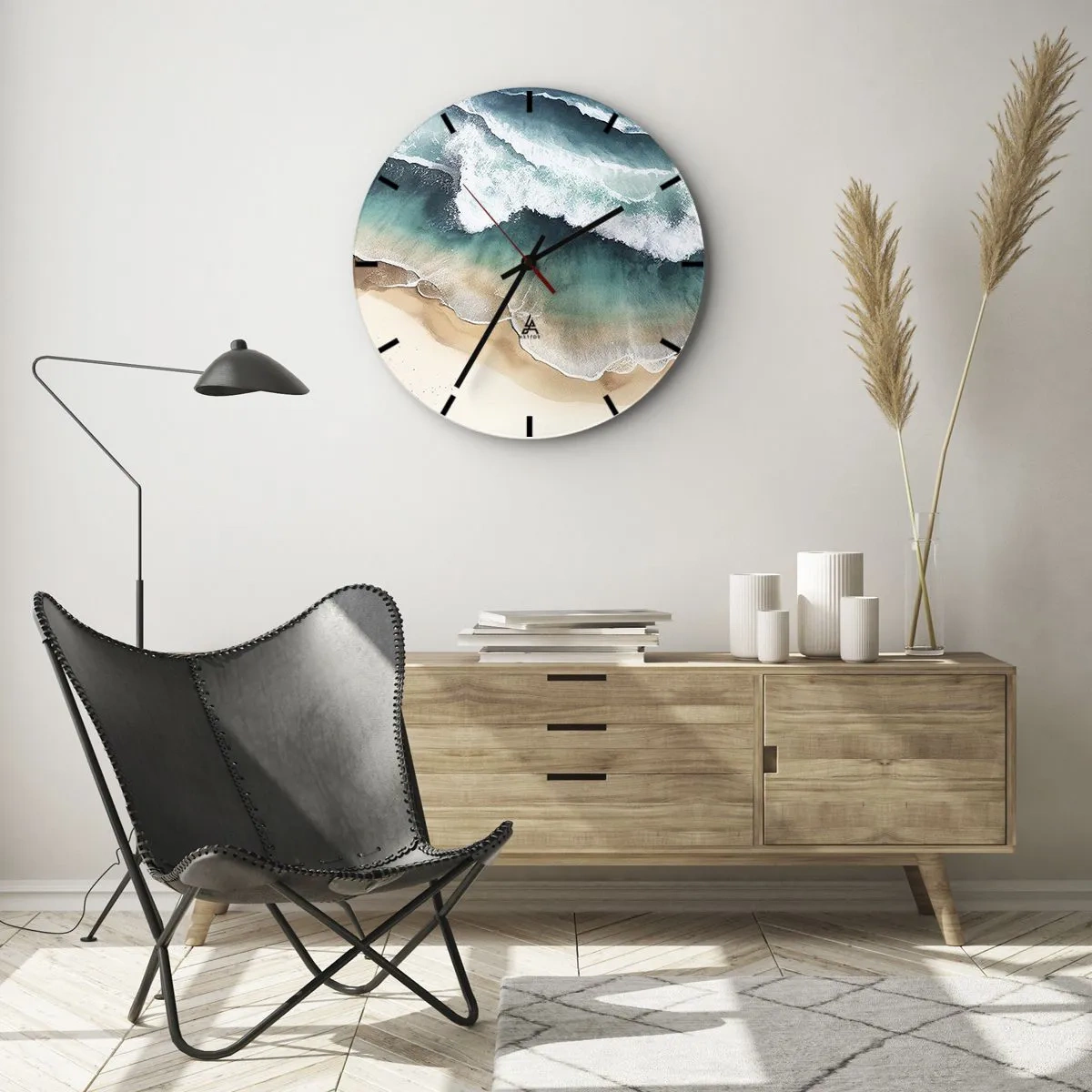 Nástenné hodiny - Morské vlny narážajúce na piesočnatú pláž z vtáčej perspektívy - 30x30cm - Odveké stretnutie - Moderná nástenná dekorácia do obývacej izby, kuchyne a spálne ARTTOR