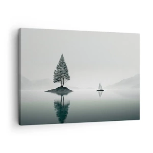 Obraz na plátne - Minimalistická krajina so stromom na ostrove a plachetnicou. - 70x50cm - Snívanie - Moderná nástenná dekorácia do obývacej izby a spálne ARTTOR