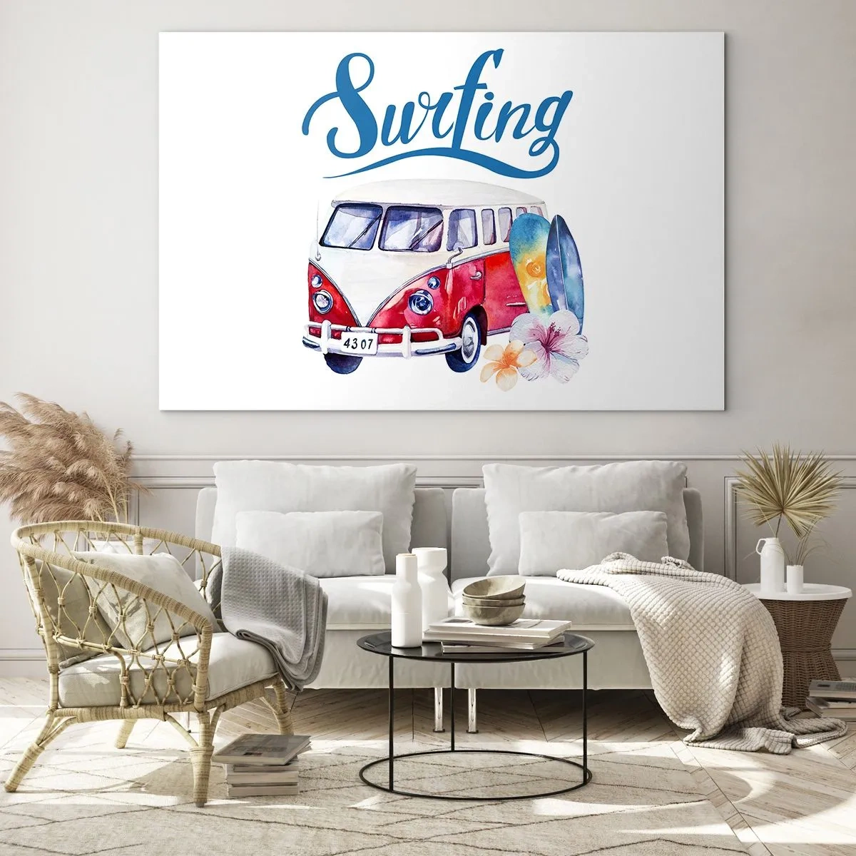 Obraz na skle - Téma surfovania s dodávkou a doskami - 70x50cm - Uhorka - klasika pre surferov - Moderná nástenná dekorácia do obývacej izby a spálne ARTTOR
