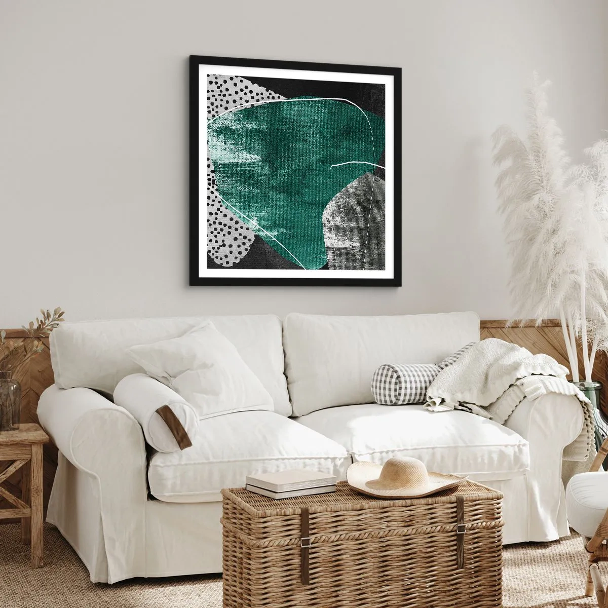 Plagát v čiernom ráme - Farebná abstrakcia so zlatou vločkou - 40x40 cm