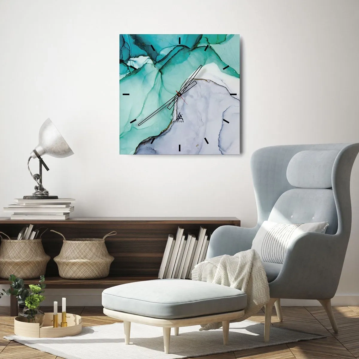 Nástenné hodiny - Štúdia v tyrkysovej - 30x30 cm