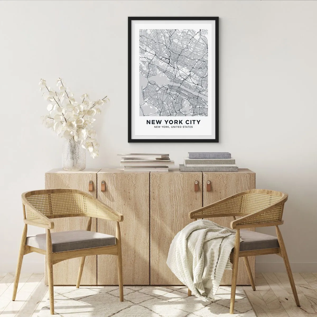 Plagát v čiernom ráme - Minimalistická mapa New Yorku - 50x70cm - Anatómia metropoly - Moderná nástenná dekorácia do obývacej izby a spálne ARTTOR