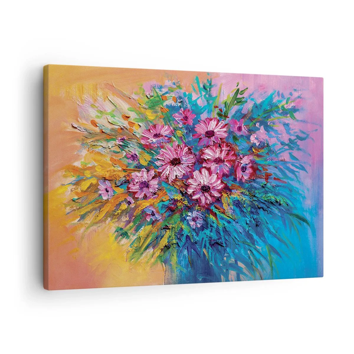 Obraz na plátne - Farebné kvety v kytici na pastelovom pozadí - 70x50cm - Energia života - Moderná nástenná dekorácia do obývacej izby a spálne ARTTOR