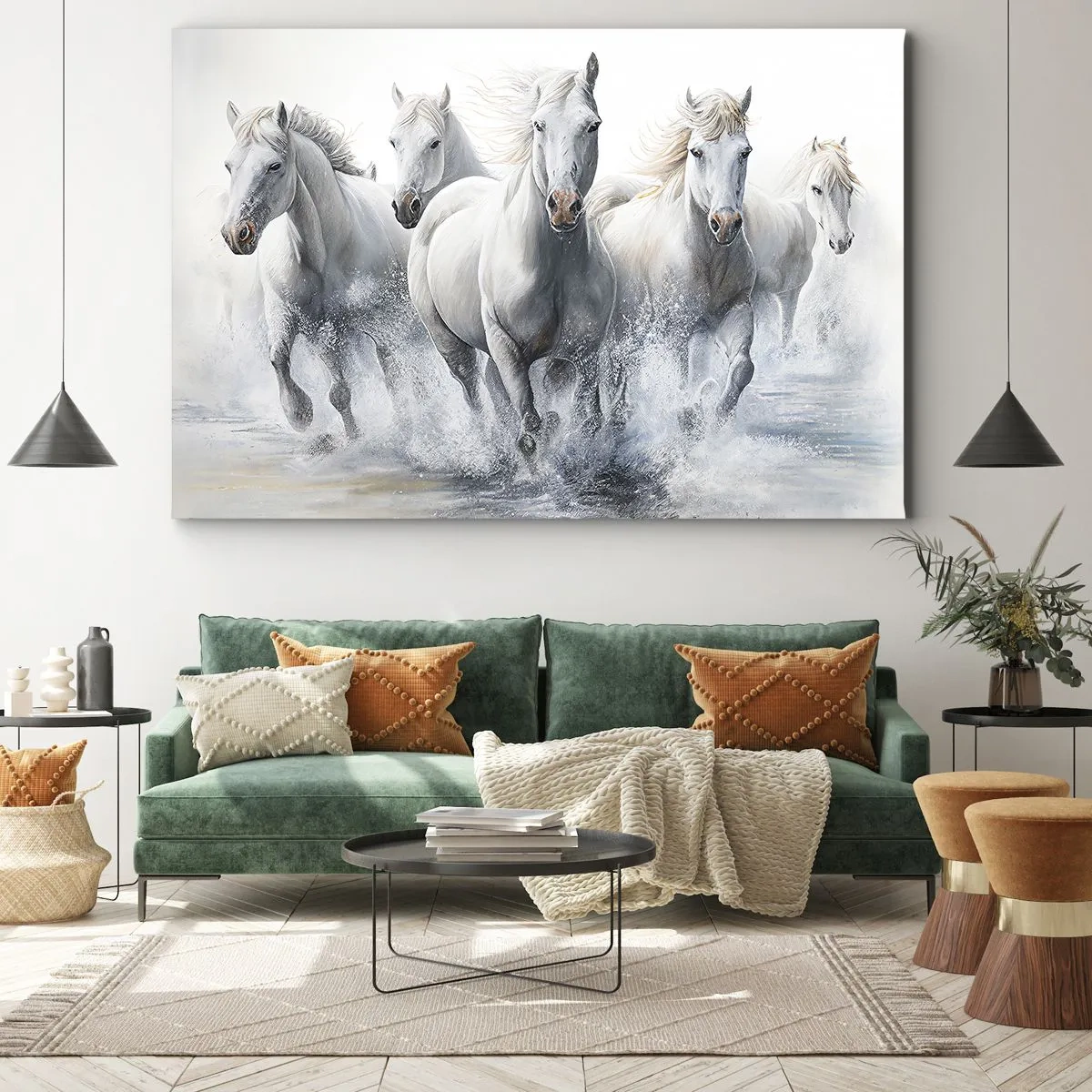 Obraz na plátne - Biele kone cválajúce cez vodu - 70x50cm - Biela mágia - Moderná nástenná dekorácia do obývacej izby a spálne ARTTOR
