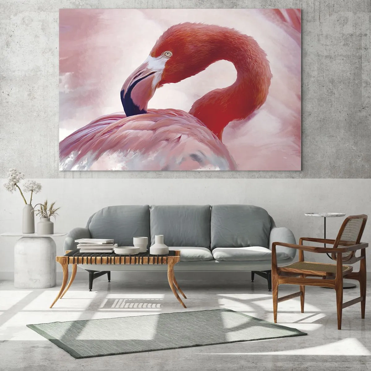 Obraz na skle - Ružový plameniak sa elegantne otáča nabok - 70x50cm - Vtáčia krása - Moderná nástenná dekorácia do obývacej izby a spálne ARTTOR