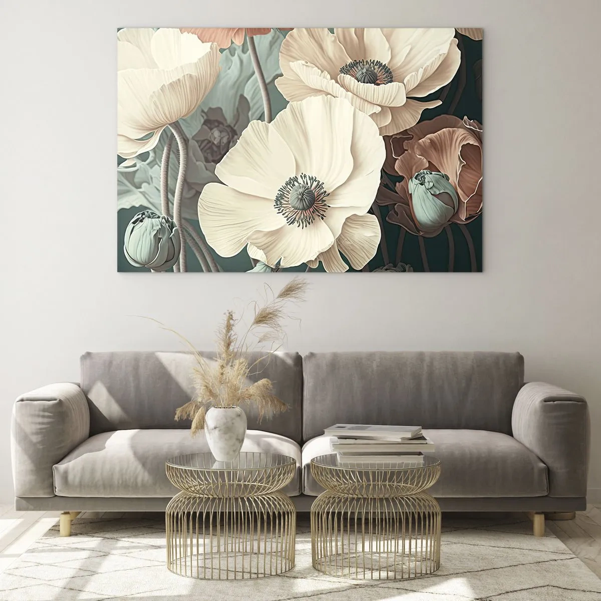 Obraz na skle - Jemný krémový a lososový mak na tmavom pozadí - 70x50cm - Šepot makov - Moderná nástenná dekorácia do obývacej izby a spálne ARTTOR