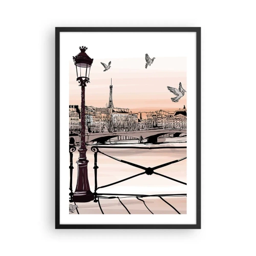 Plagát v čiernom ráme - Ilustrácia Paríža pri západe slnka s lampášom a mostom - 50x70cm - Nad strechami Paríža - Moderná nástenná dekorácia do obývacej izby a spálne ARTTOR