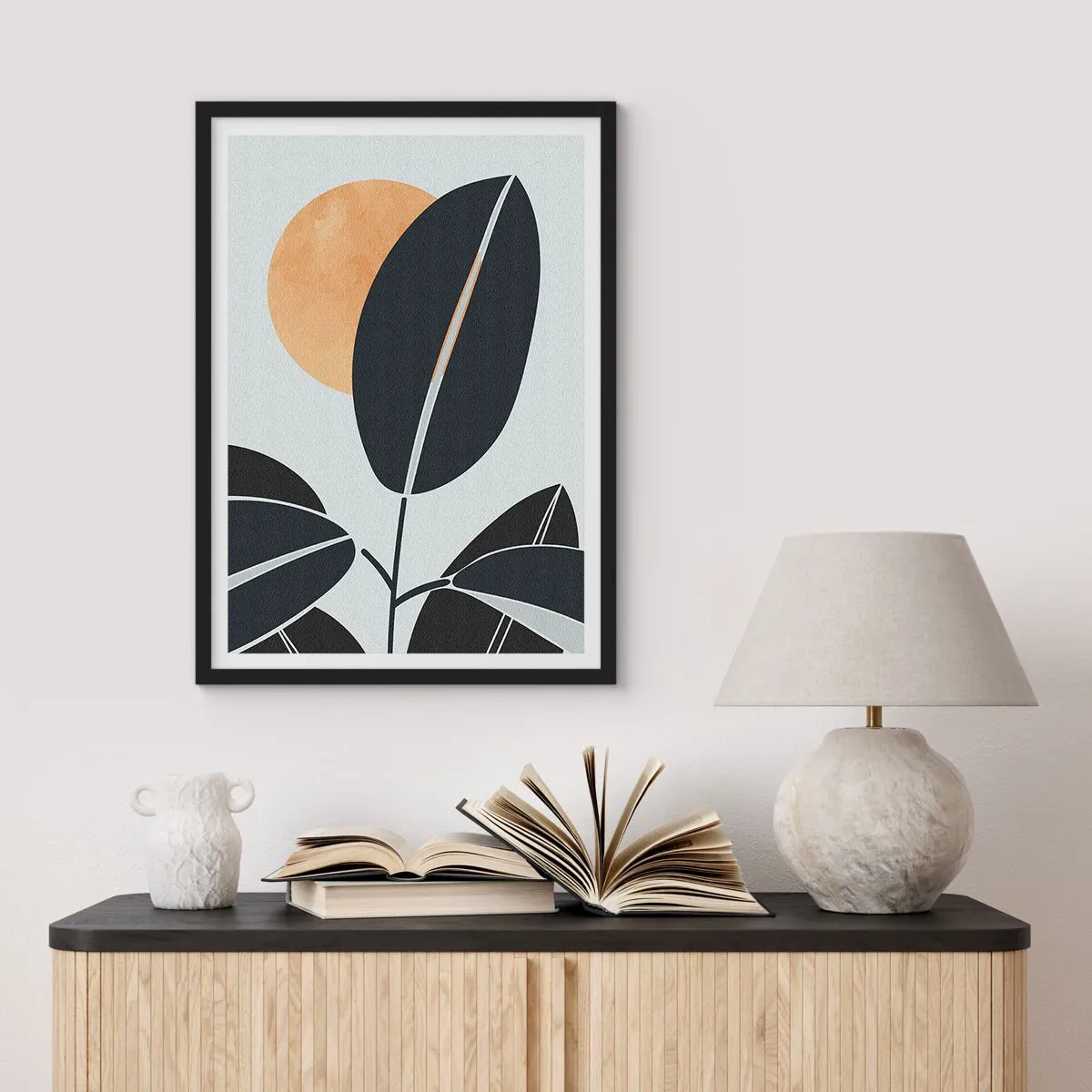 Plagát v čiernom ráme - Minimalistická kompozícia listov na pozadí slnka - 50x70cm - Deň horúceho leta - Moderná nástenná dekorácia do obývacej izby a spálne ARTTOR