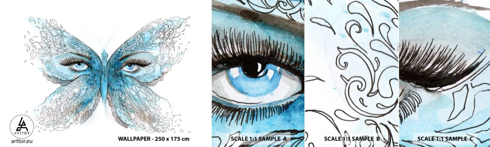 Vzorka samolepiacej fototapety Deluxe Sticker - Sýkorka modrinka eros - Abstrakcia, Motýľ, Ženské oči - 100x30 cm