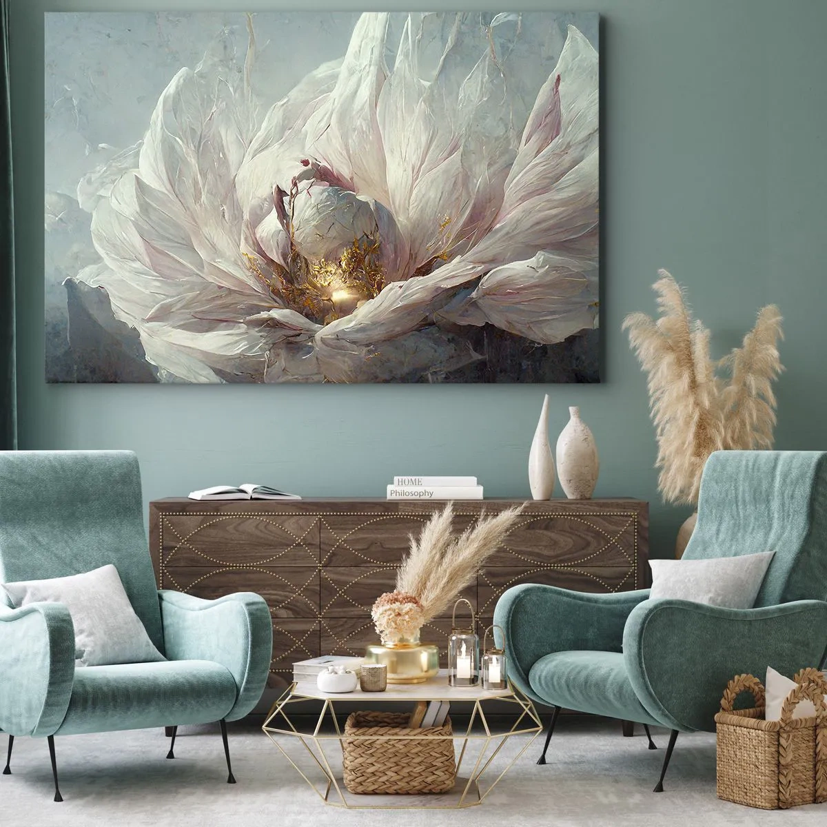 Obraz na plátne - Jemný biely kvet s jemnými zlatými akcentmi - 70x50cm - Rozkvitá raz za sto rokov - Moderná nástenná dekorácia do obývacej izby a spálne ARTTOR