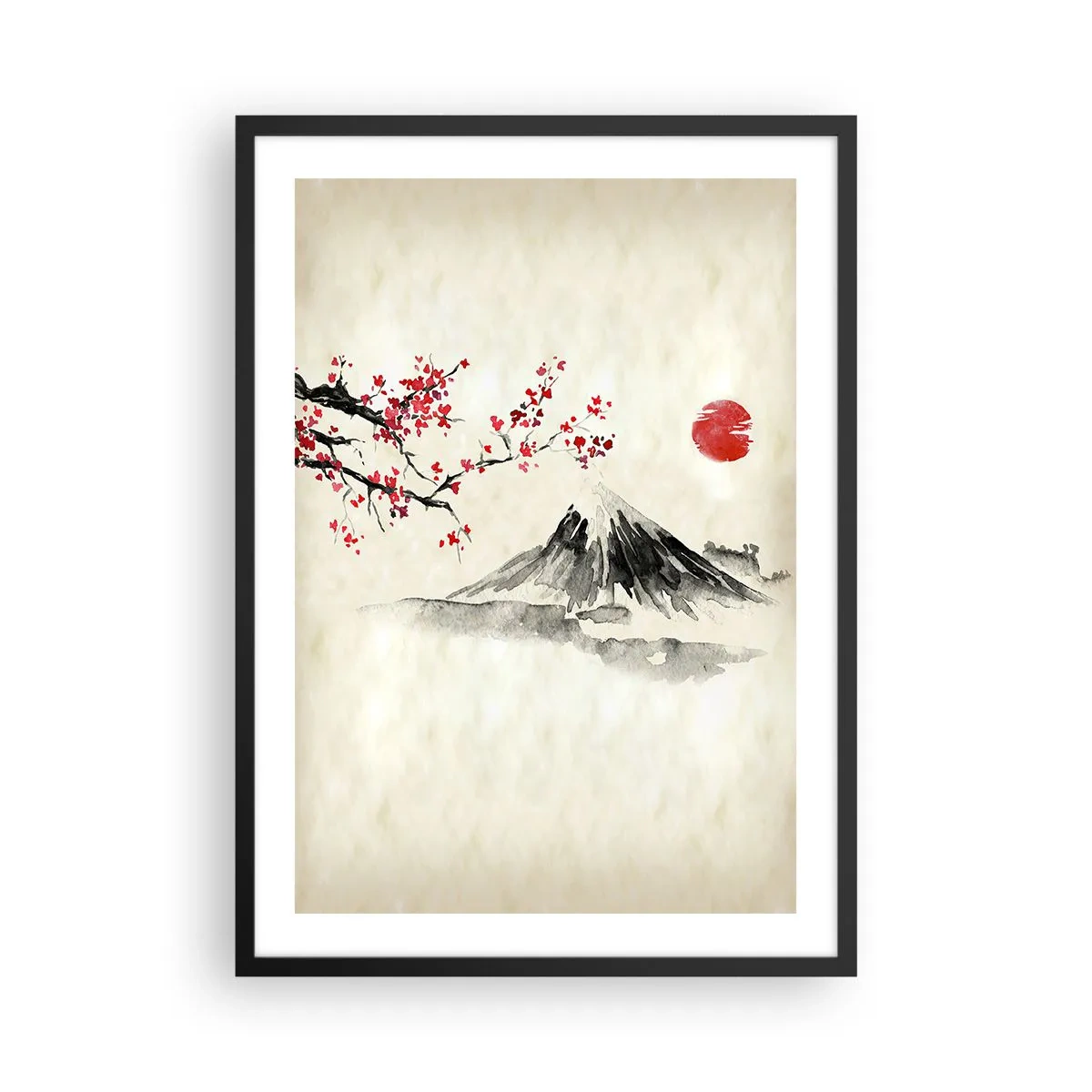 Plagát v čiernom ráme - Hora s kvitnúcou čerešňovou vetvou a červeným slnkom - 50x70cm - Zamilujte sa do Japonska - Moderná nástenná dekorácia do obývacej izby a spálne ARTTOR