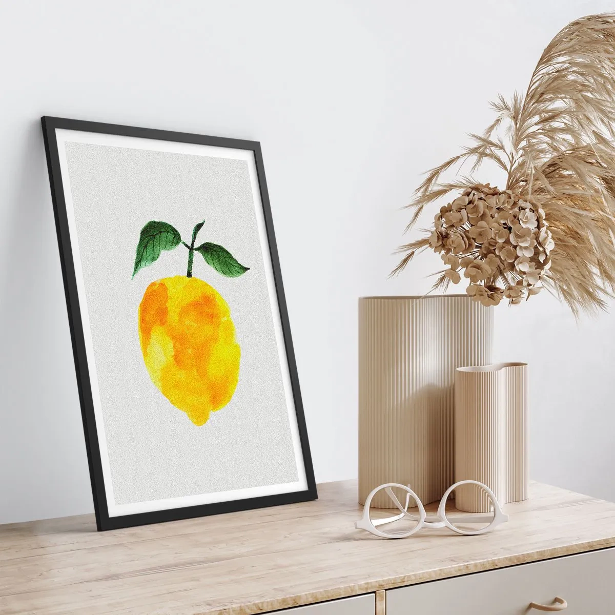 Plagát v čiernom ráme - Akvarelová ilustrácia citróna s listami na svetlom pozadí - 50x70cm - Ako spoznať chuť slnka - Moderná nástenná dekorácia do obývacej izby a spálne ARTTOR