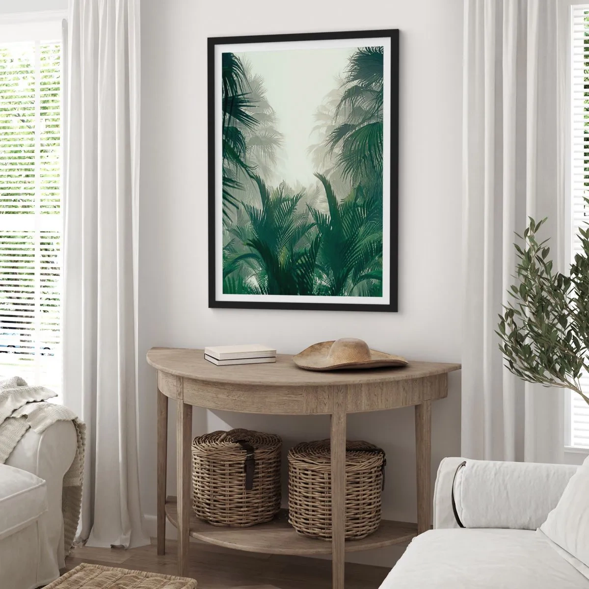 Plagát v čiernom ráme - Tropická vegetácia v hmlistom prostredí - 50x70cm - Tropická záhada - Moderná nástenná dekorácia do obývacej izby a spálne ARTTOR