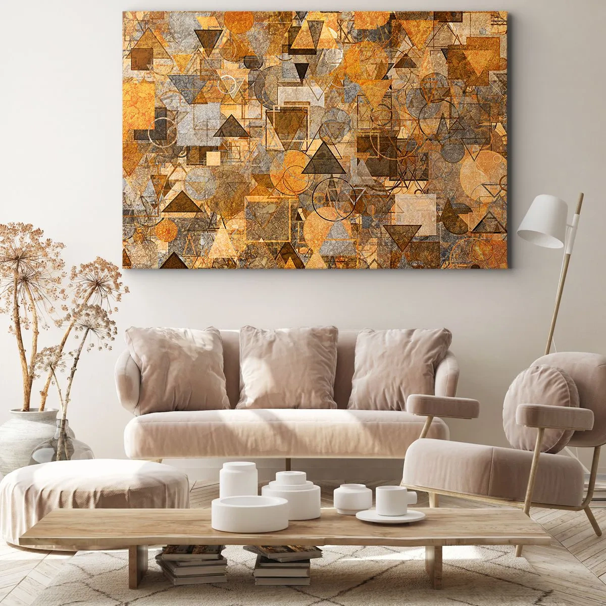 Obraz na plátne - Abstraktné geometrické vzory v odtieňoch zlata - 70x50cm - Svet zachytený do tvaru - Moderná nástenná dekorácia do obývacej izby a spálne ARTTOR