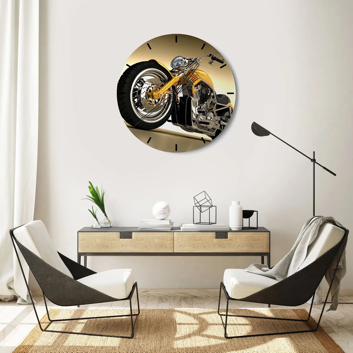 Nástenné hodiny - Štýlový motocykel v odtieňoch zlata a chrómu - 30x30cm - Sen o sile a rýchlosti - Moderná nástenná dekorácia do obývacej izby, kuchyne a spálne ARTTOR