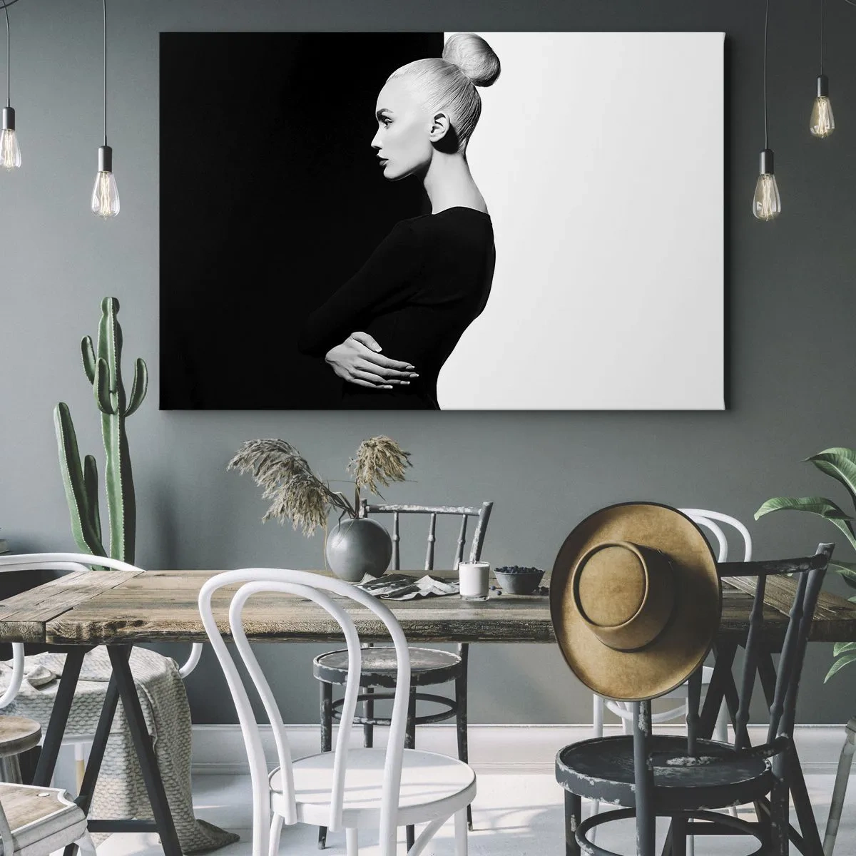 Obraz na plátne - Štýlový portrét ženy na čiernobielom pozadí - 70x50cm - Proste žena - Moderná nástenná dekorácia do obývacej izby a spálne ARTTOR