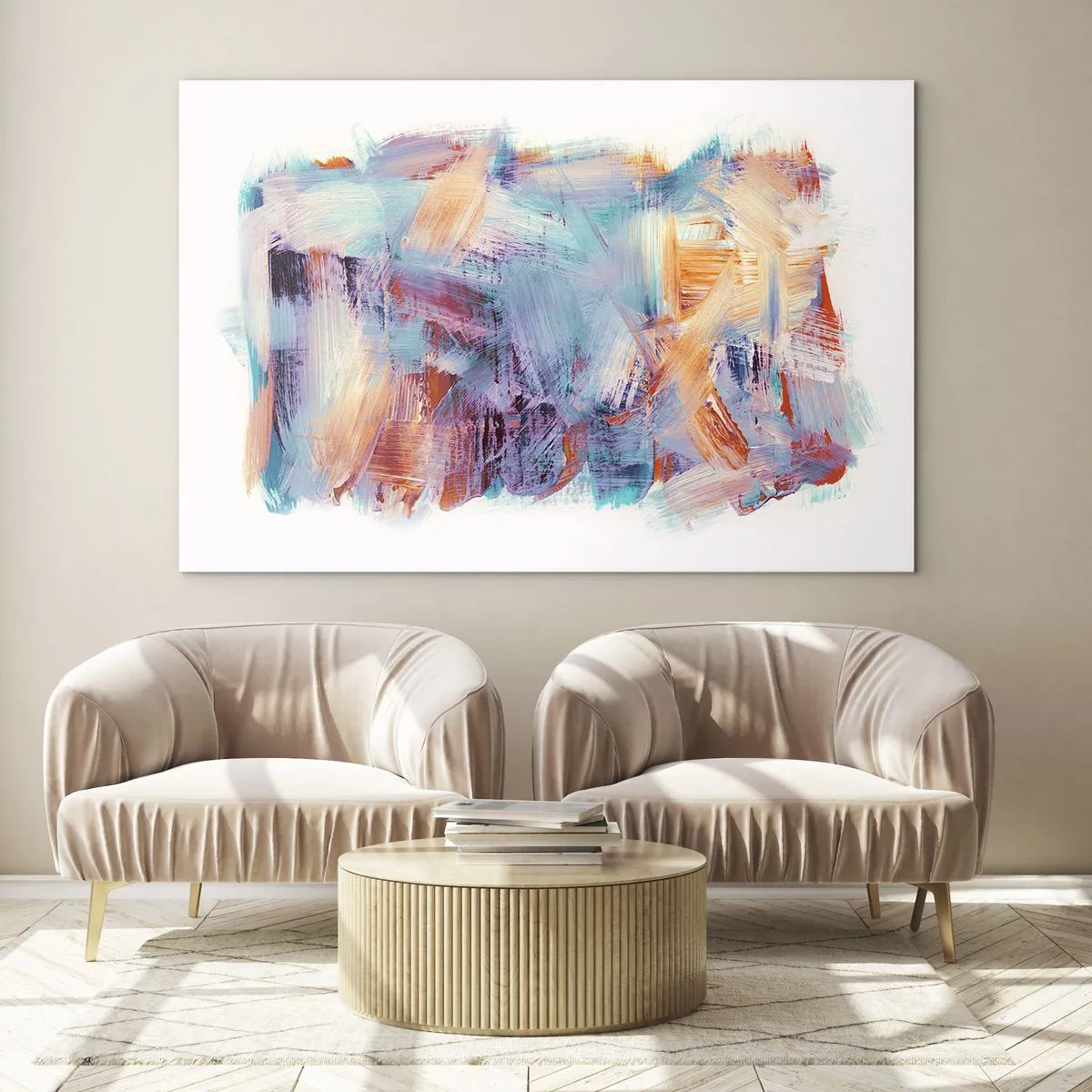 Obraz na skle - Farebné ťahy štetcom v pastelovej abstrakcii - 70x50cm - Farebný neporiadok - Moderná nástenná dekorácia do obývacej izby a spálne ARTTOR
