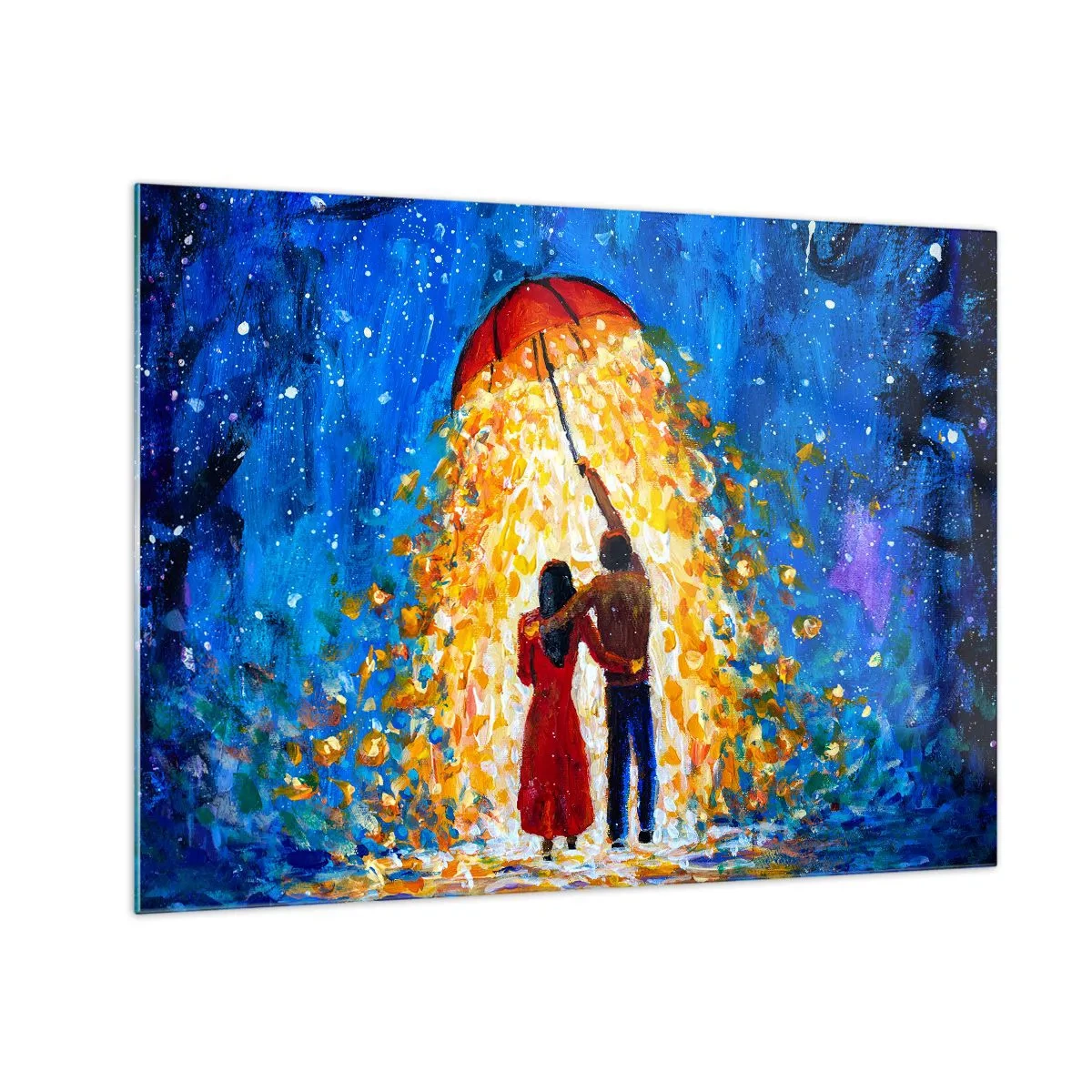 Obraz na skle - Pár pod dáždnikom obklopený zlatým svetlom na pozadí nočnej oblohy - 70x50cm - Mágia daždivého večera? - Moderná nástenná dekorácia do obývacej izby a spálne ARTTOR