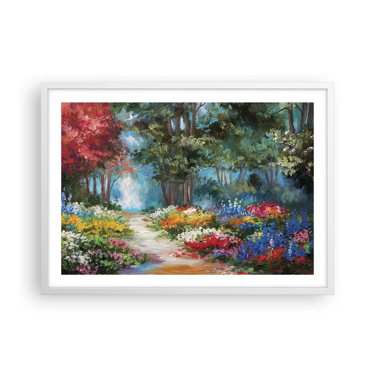 Plagát v bielom ráme - Lesná záhrada, kvetinový les - 70x50 cm
