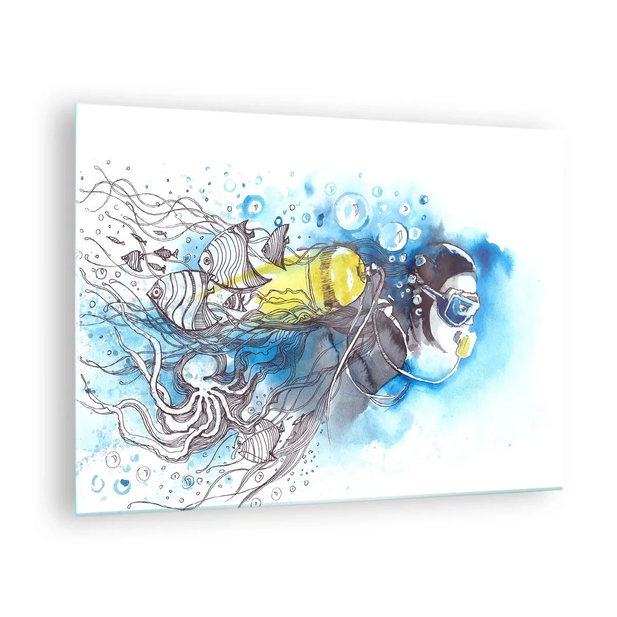 Obraz na skle - Potápač pod vodou s rybami v umeleckom akvarelovom štýle - 70x50cm - Veľká modrá - Moderná nástenná dekorácia do obývacej izby a spálne ARTTOR
