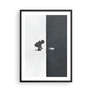 Plagát v čiernom ráme - Dieťa sa nakláňa nad vodu s papierovou loďkou - 50x70cm - Veľká výprava - Moderná nástenná dekorácia do obývacej izby a spálne ARTTOR