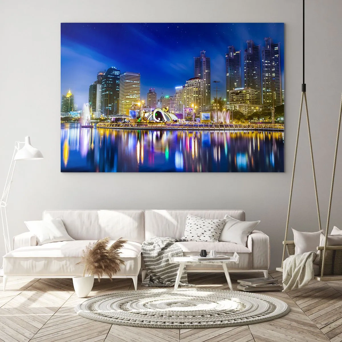 Obraz na skle - Panoráma mesta v noci so svetlami odrážajúcimi sa vo vode - 70x50cm - Dúhová noc metropoly - Moderná nástenná dekorácia do obývacej izby a spálne ARTTOR