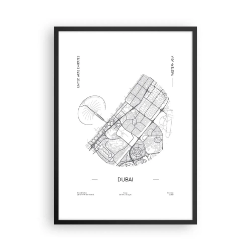 Plagát v čiernom ráme - Minimalistická čiernobiela mapa Dubaja - 50x70cm - Anatómia Dubaja - Moderná nástenná dekorácia do obývacej izby a spálne ARTTOR
