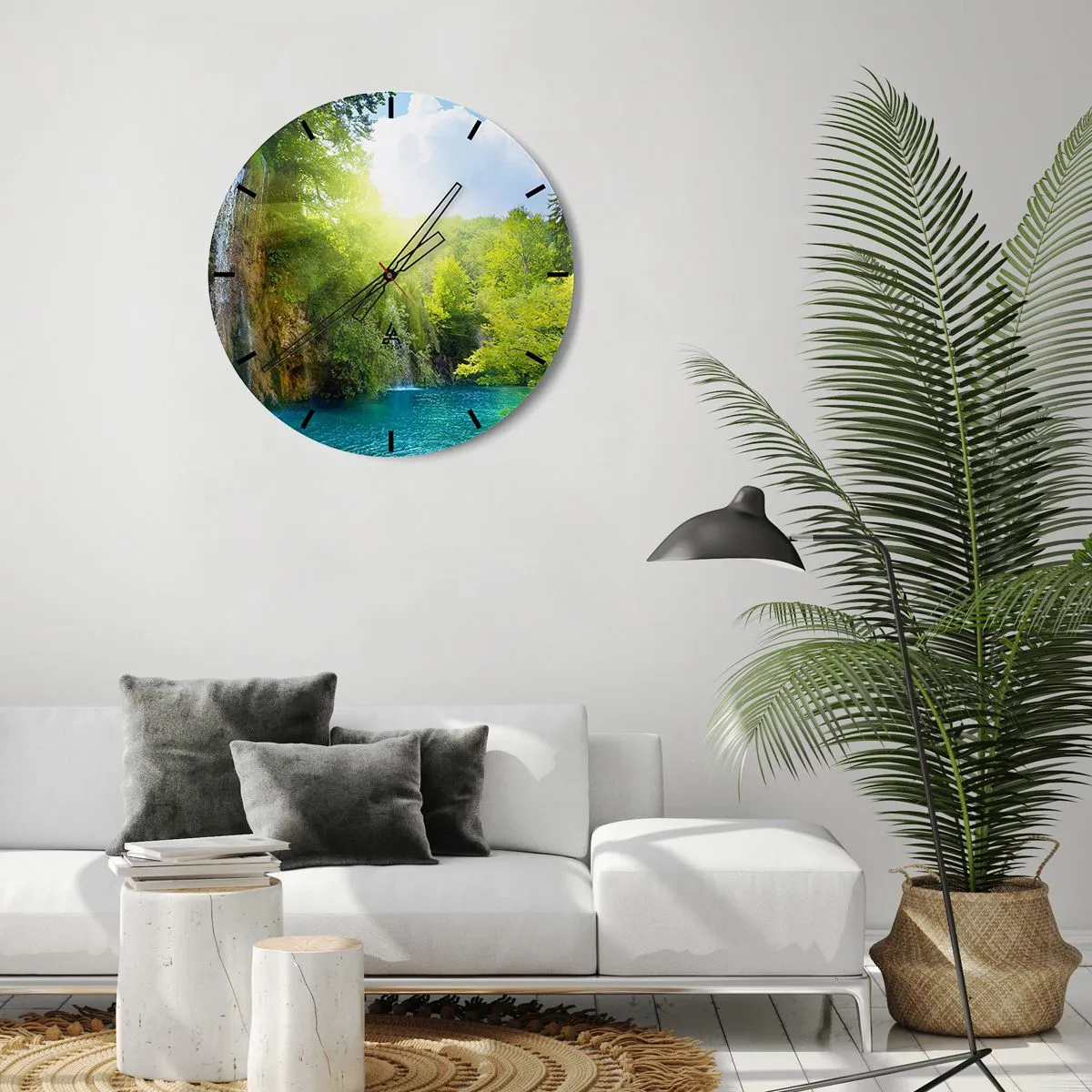 Nástenné hodiny - Vodopád uprostred zelene a modrej vody - 30x30cm - To musí byť Eden - Moderná nástenná dekorácia do obývacej izby, kuchyne a spálne ARTTOR