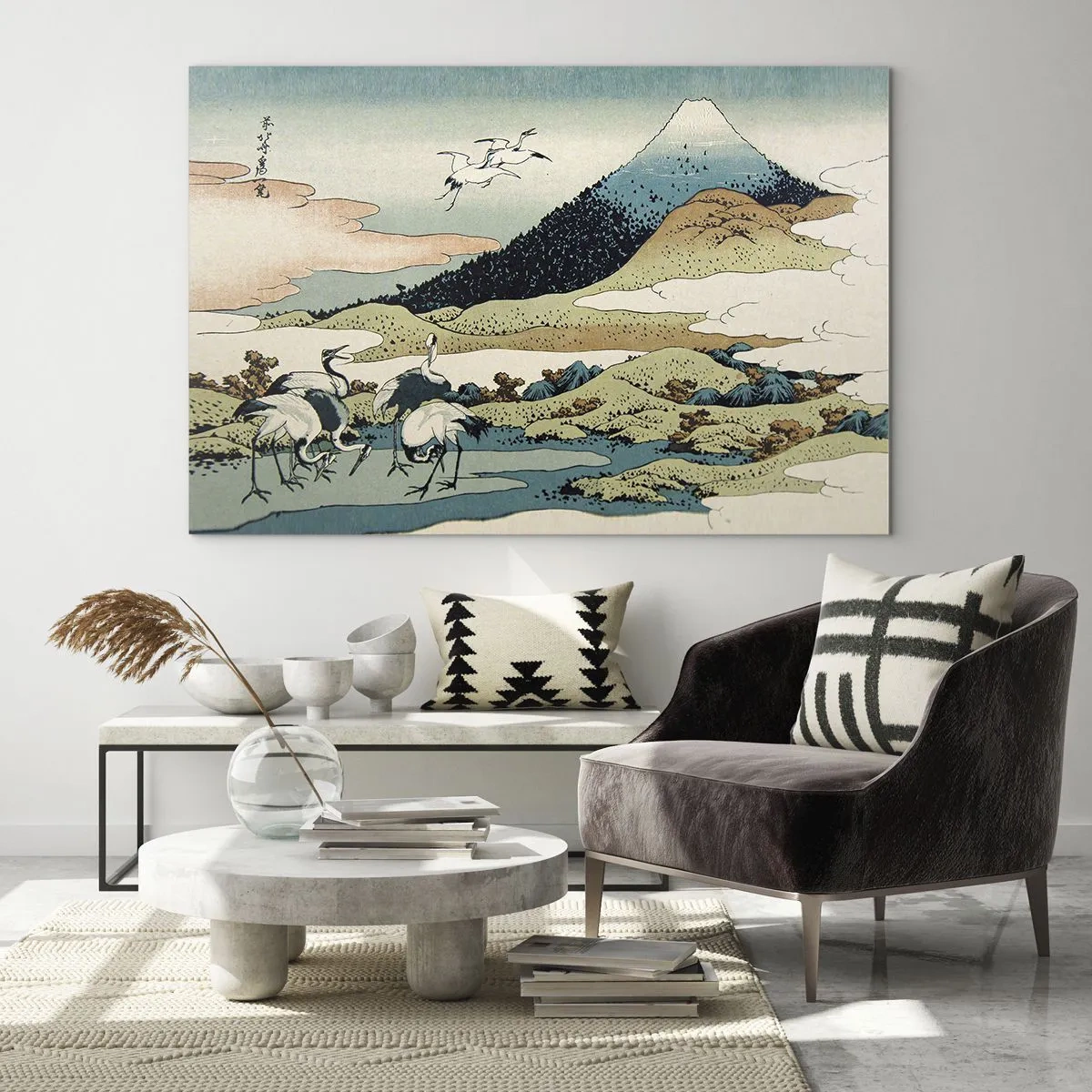 Obraz na skle - Maľba vtákov v japonskej krajine s výhľadom na horu Fudži. - 70x50cm - V japonskom duchu - Moderná nástenná dekorácia do obývacej izby a spálne ARTTOR