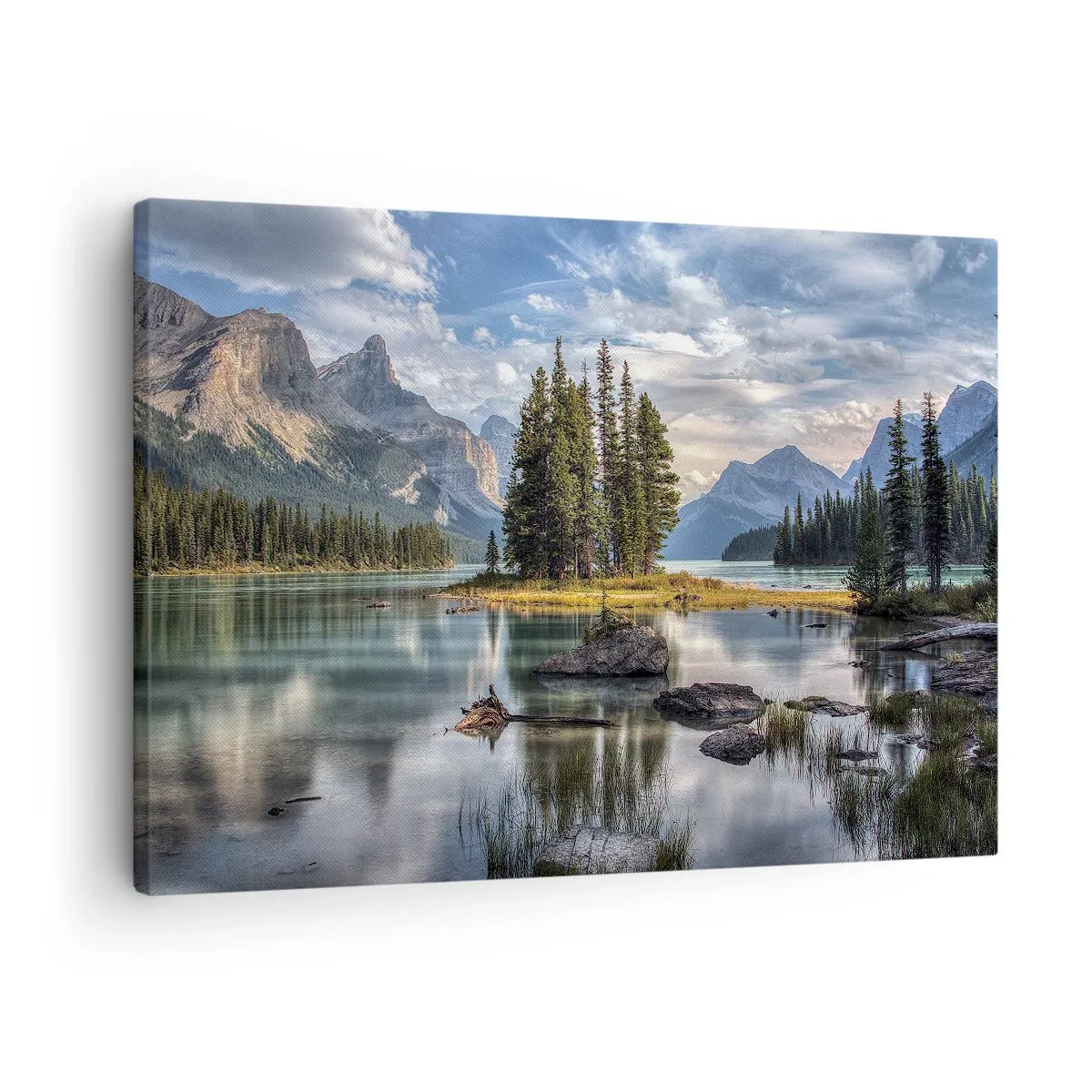 Obraz na plátne - Horská krajina s ostrovom obklopeným pokojným jazerom - 70x50cm - Pri veľkej a čistej vode… - Moderná nástenná dekorácia do obývacej izby a spálne ARTTOR