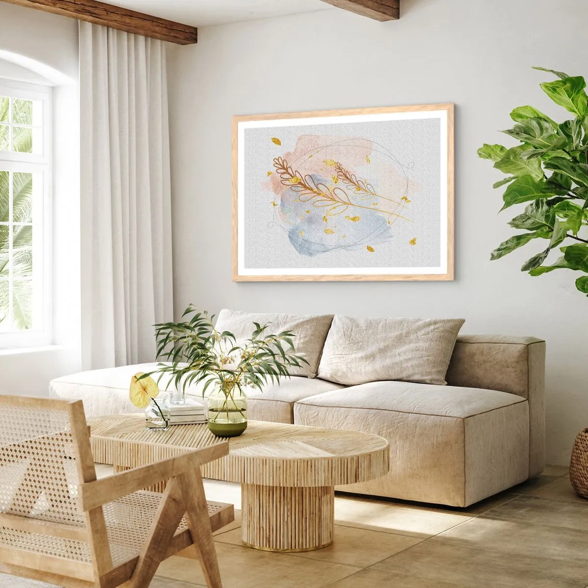 Plagát v ráme zo svetlého duba - Zlatý závan - 70x50 cm