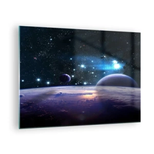 Obraz na skle - Vesmírna krajina s planétami a hviezdami na pozadí galaxie. - 70x50cm - Stále sami? - Moderná nástenná dekorácia do obývacej izby a spálne ARTTOR