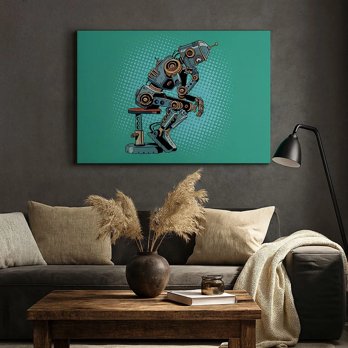 Obraz na plátne - Robot mysliteľ v štýle pop art na zelenom pozadí - 70x50cm - Nad podstatou bytia - Moderná nástenná dekorácia do obývacej izby a spálne ARTTOR