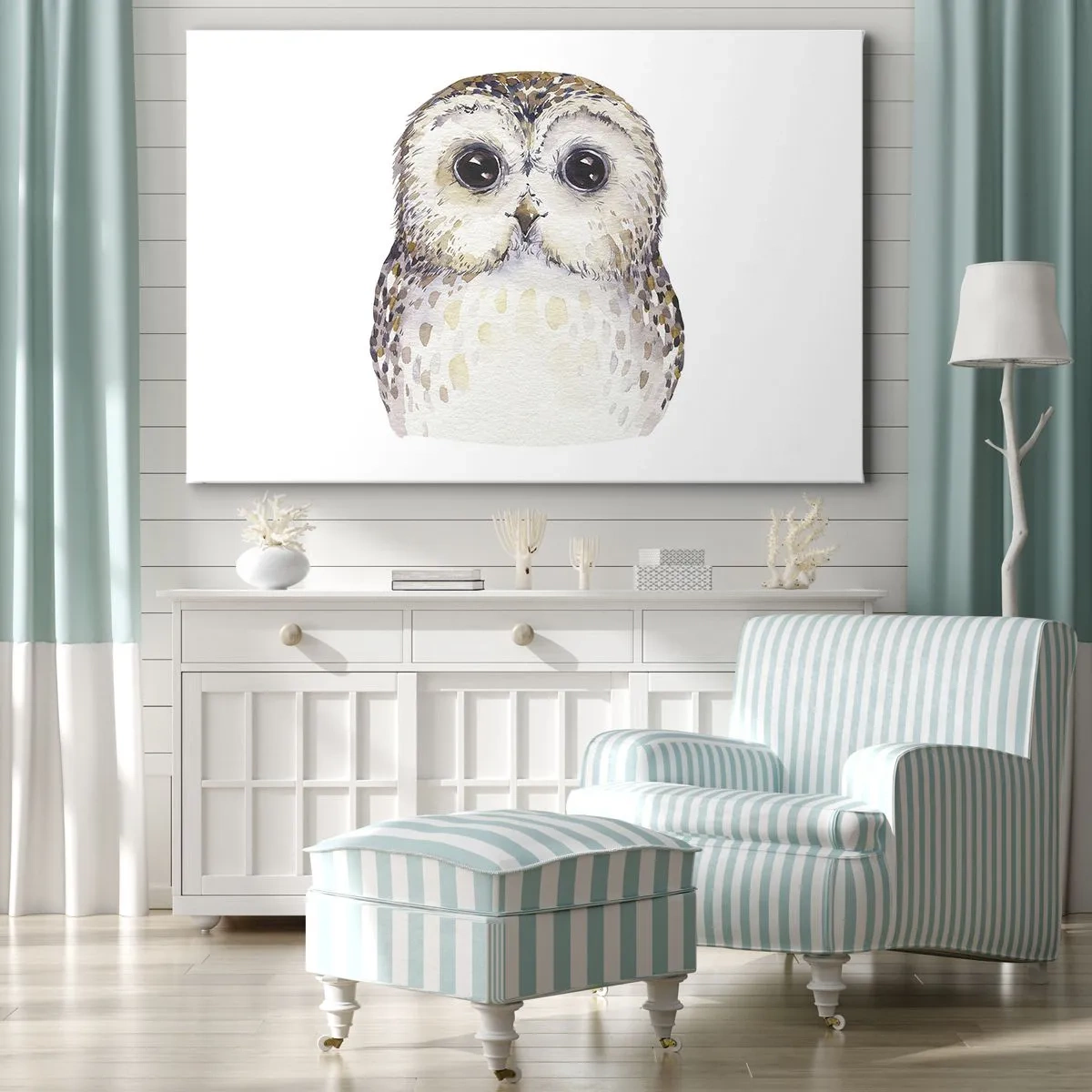Obraz na plátne - Portrét sovy na svetlom pozadí s jemnými farbami - 70x50cm - Pozri sa mi do očí - Moderná nástenná dekorácia do obývacej izby a spálne ARTTOR
