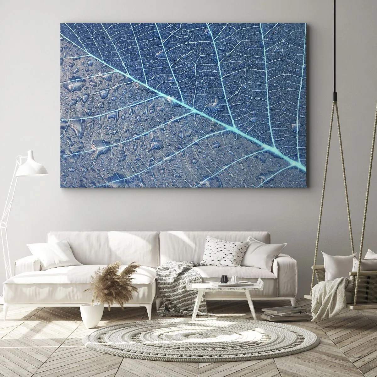 Obraz na plátne - List v odtieňoch modrej s kvapkami vody - 70x50cm - Modrý život - Moderná nástenná dekorácia do obývacej izby a spálne ARTTOR
