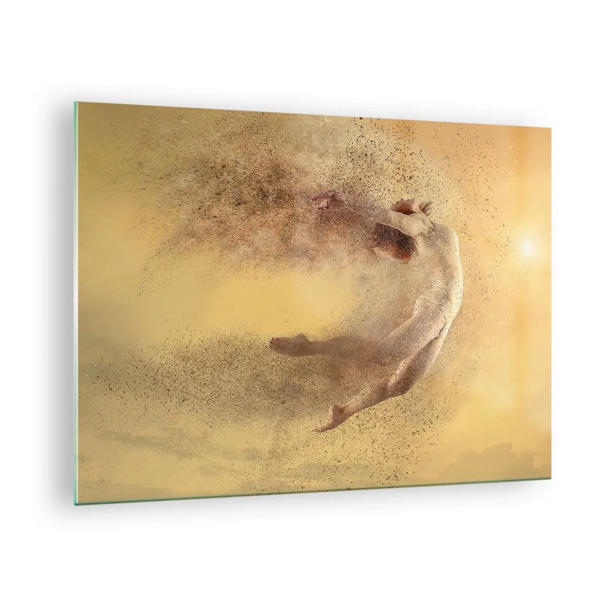 Obraz na skle - Tanečník v dynamickej kompozícii na zlatom pozadí - 70x50cm - V tanečnom vytržení - Moderná nástenná dekorácia do obývacej izby a spálne ARTTOR