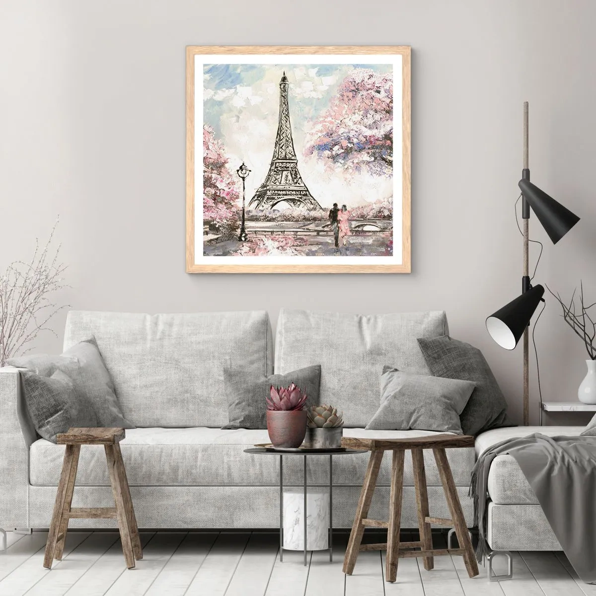 Plagát v ráme zo svetlého duba - Aprílová prechádzka Parížom - 50x50 cm