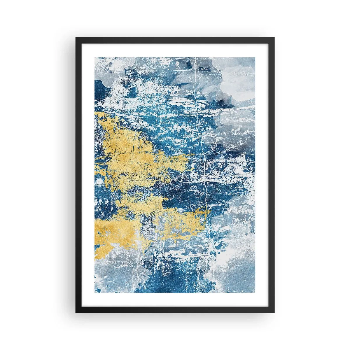 Plagát v čiernom ráme - Abstraktná kompozícia modrej a zlatej textúry - 50x70cm - Abstrakcia s dobrou náladou - Moderná nástenná dekorácia do obývacej izby a spálne ARTTOR