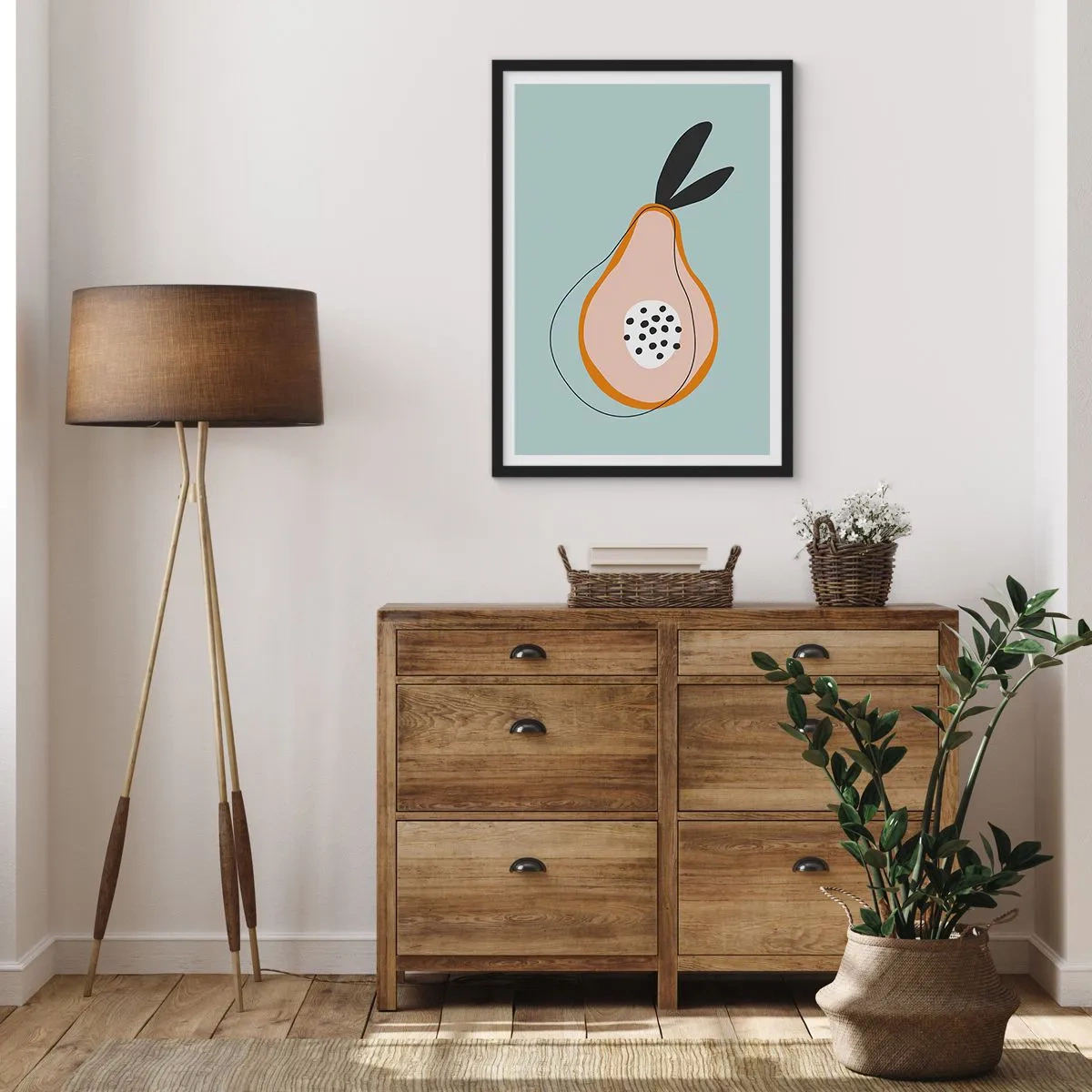 Plagát v čiernom ráme - Abstraktná ilustrácia hrušky na mätovom pozadí - 50x70cm - Prenikanie do podstaty vecí - Moderná nástenná dekorácia do obývacej izby a spálne ARTTOR