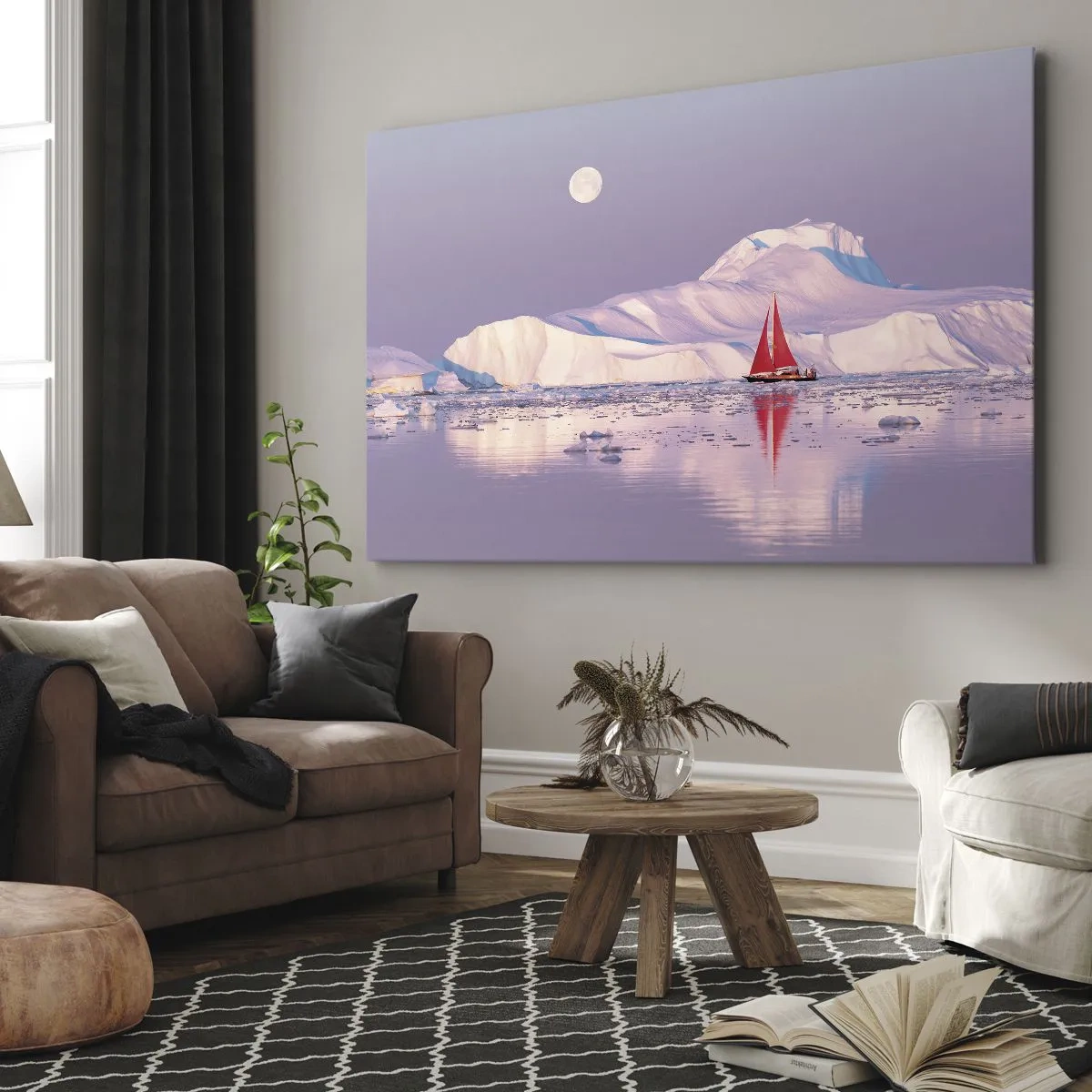 Obraz na plátne - Červená plachta na pozadí ľadových hôr a splnu. - 70x50cm - Žiar plachty, chlad ľadu - Moderná nástenná dekorácia do obývacej izby a spálne ARTTOR