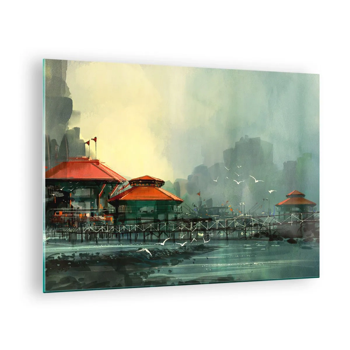 Obraz na skle - Prístavné budovy s červenými strechami na pozadí hmly - 70x50cm - Slnečný deň v prístave - Moderná nástenná dekorácia do obývacej izby a spálne ARTTOR