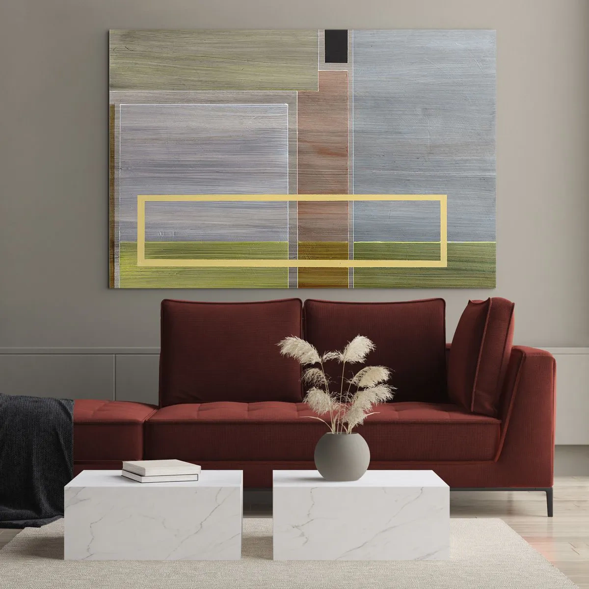 Obraz na skle - Moderná abstrakcia s obdĺžnikovými tvarmi a zemitými farbami - 70x50cm - Jednoducho a v kľude - Moderná nástenná dekorácia do obývacej izby a spálne ARTTOR