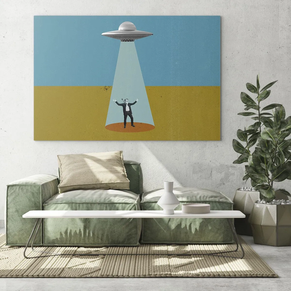 Obraz na skle - Muž vo svetle vesmírneho taniera na farebnom pozadí - 70x50cm - Blízke stretnutie - Moderná nástenná dekorácia do obývacej izby a spálne ARTTOR
