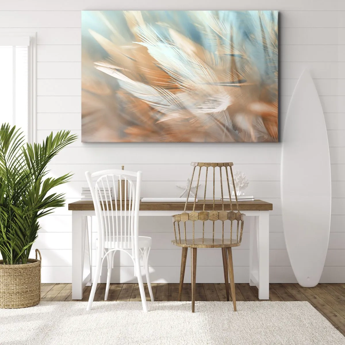 Obraz na plátne - Jemné pierka v pastelových odtieňoch modrej a oranžovej - 70x50cm - V krajine nehy - Moderná nástenná dekorácia do obývacej izby a spálne ARTTOR