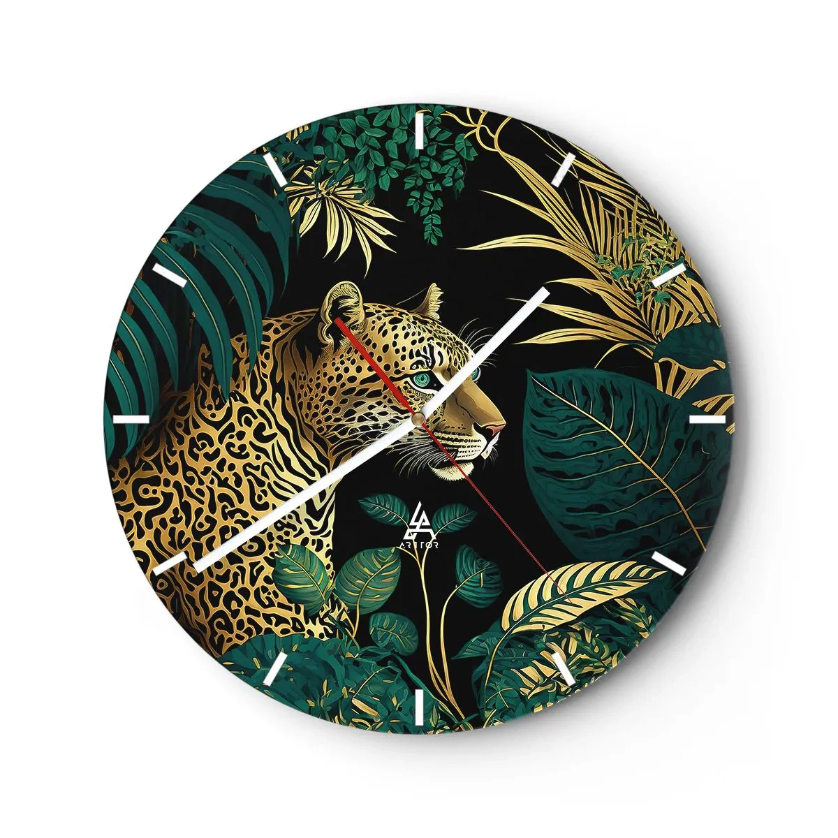 Nástenné hodiny - Leopard medzi tropickými listami na čiernom pozadí - 30x30cm - Hospodár v džungli - Moderná nástenná dekorácia do obývacej izby, kuchyne a spálne ARTTOR