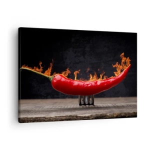 Obraz na plátne - Horiaca červená paprika na vidličke - 70x50cm - Ohnivé predjedlo - Moderná nástenná dekorácia do obývacej izby a spálne ARTTOR